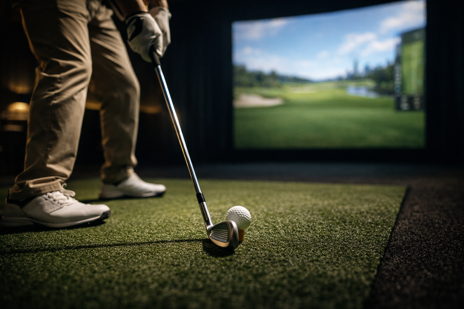 Golfer getting ready to swing inside a Golf Spot indoor golf simulator bay in Houston