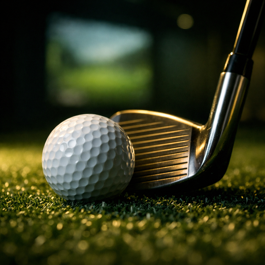 Golf club and ball on turf inside a Golf Spot indoor golf simulator in Houston