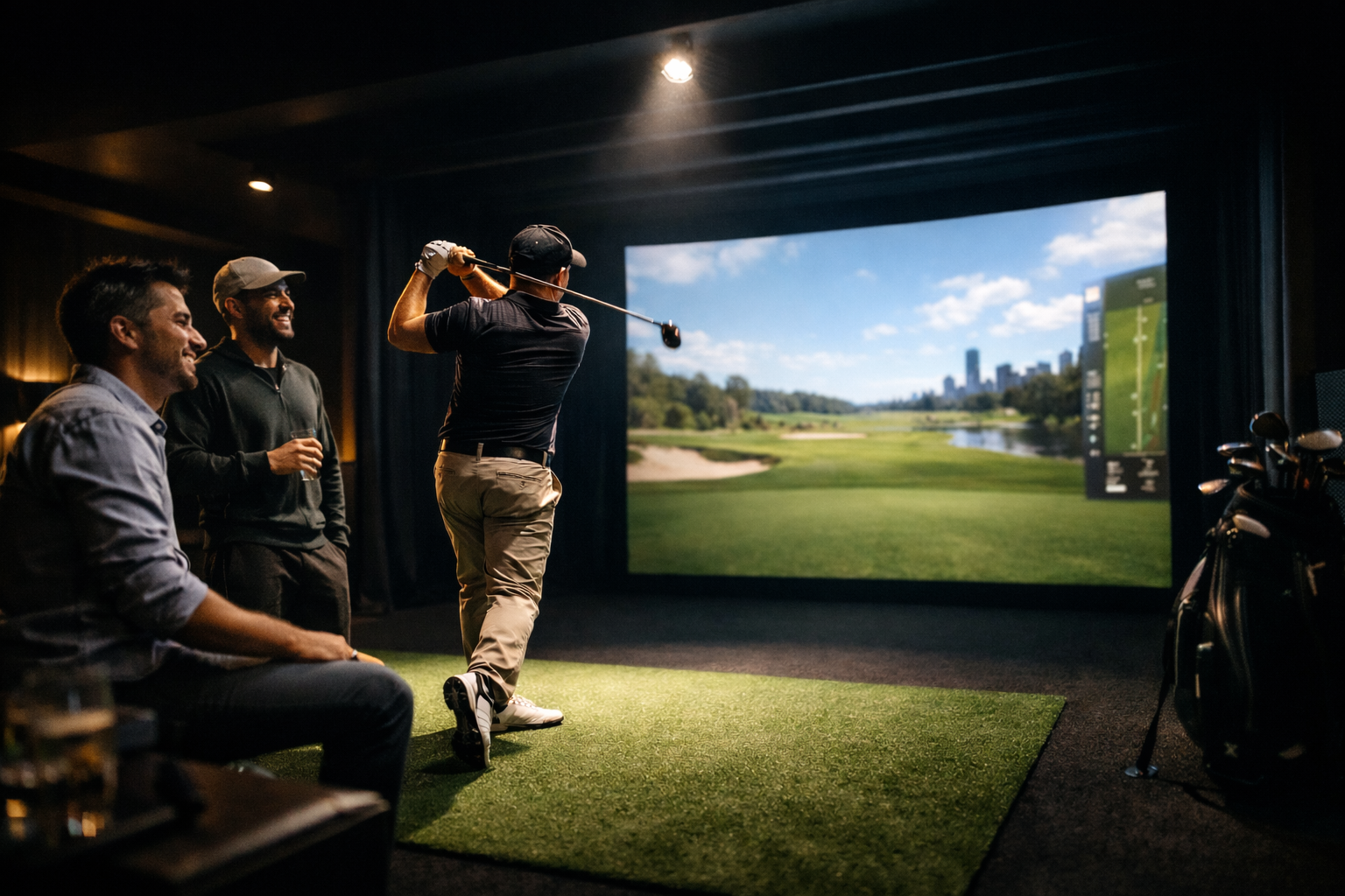 Friends enjoying a Golf Spot indoor golf sim bay in Houston