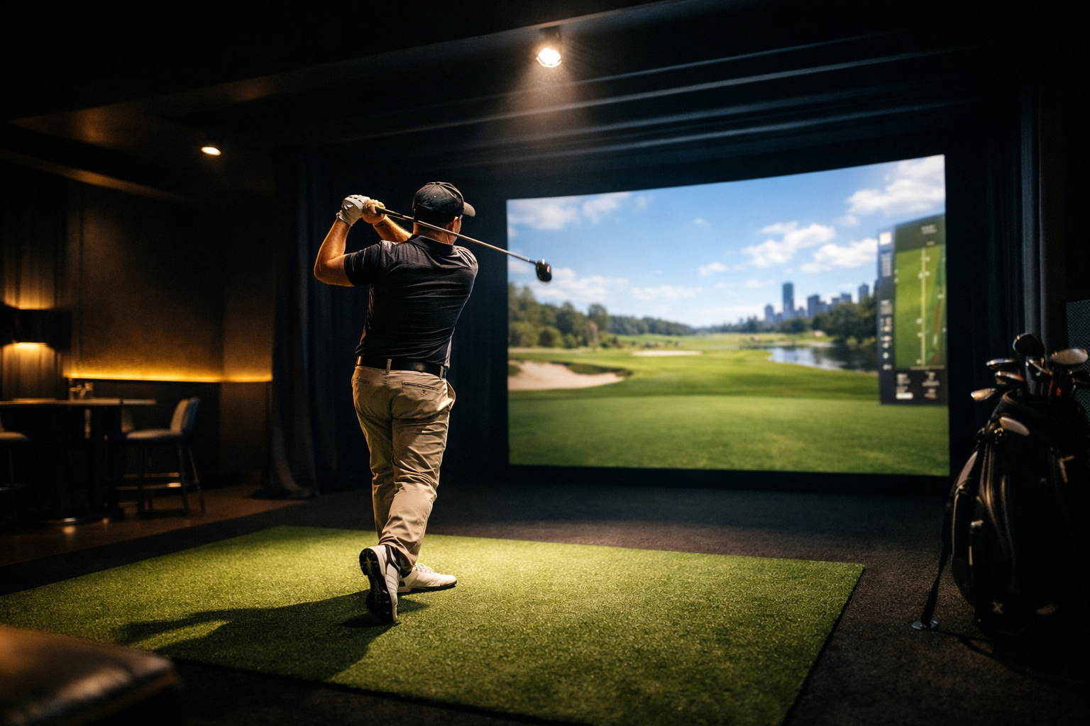 Golf simulator screen and hitting bay inside Golf Spot in Houston